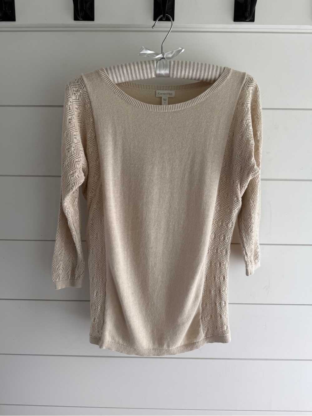 Garnet Hill Cream Crewneck Knit Sweater with Textured Sleeves